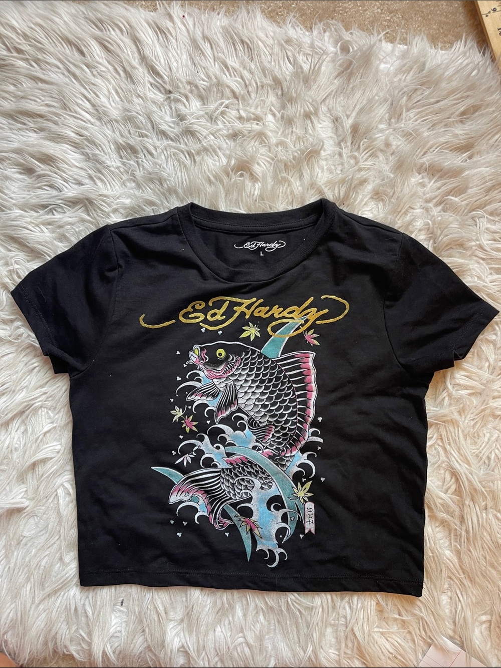 Ed Hardy Black Tee with Colorful Koi Graphic